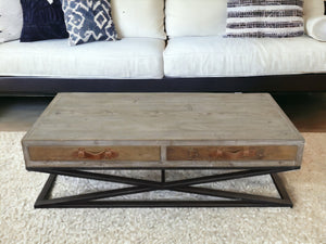 Homeroots Rustic Handcrafted Natural Wood And Iron Coffee Table   400837