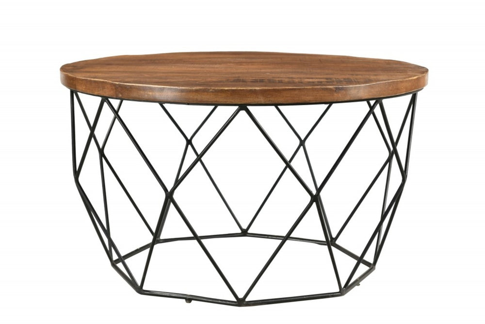 HomeRoots 32" Round Coffee Table with Solid Wood Top & Black Iron Frame - Modern, Versatile Accent Piece 400856
