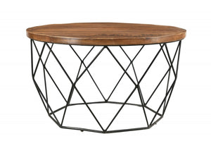 HomeRoots 32" Round Coffee Table with Solid Wood Top & Black Iron Frame - Modern, Versatile Accent Piece 400856