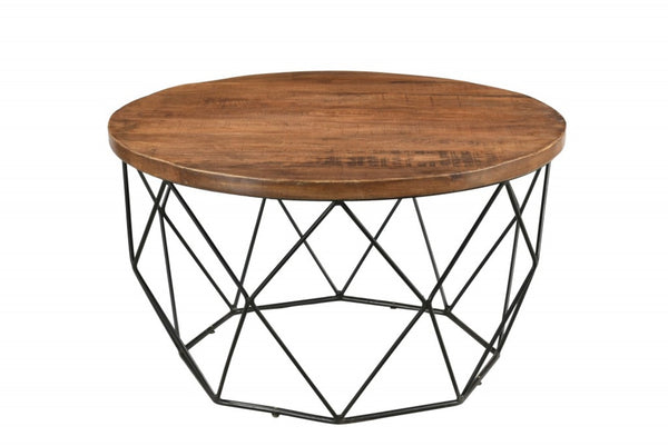 HomeRoots 32" Round Coffee Table with Solid Wood Top & Black Iron Frame - Modern, Versatile Accent Piece 400856