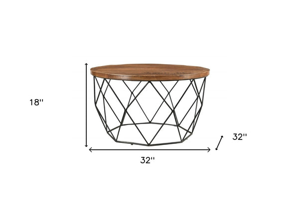HomeRoots 32" Round Coffee Table with Solid Wood Top & Black Iron Frame - Modern, Versatile Accent Piece 400856