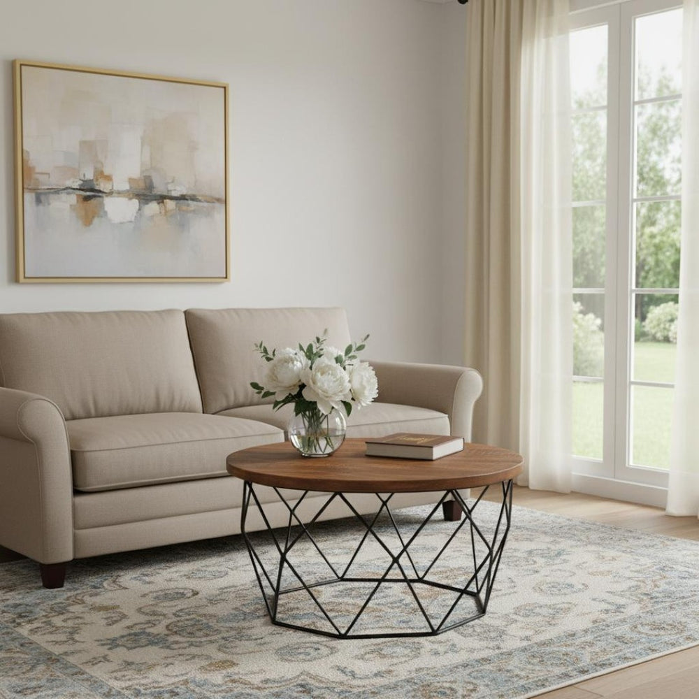 HomeRoots 32" Round Coffee Table with Solid Wood Top & Black Iron Frame - Modern, Versatile Accent Piece 400856