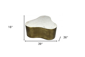 HomeRoots 39" White Marble Free-Form Coffee Table with Brass-Iron Base – Stylish, Versatile Centerpiece for Any Room 400865