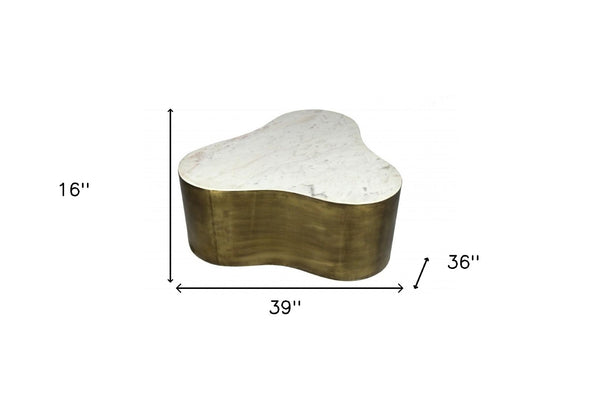 HomeRoots 39" White Marble Free-Form Coffee Table with Brass-Iron Base – Stylish, Versatile Centerpiece for Any Room 400865
