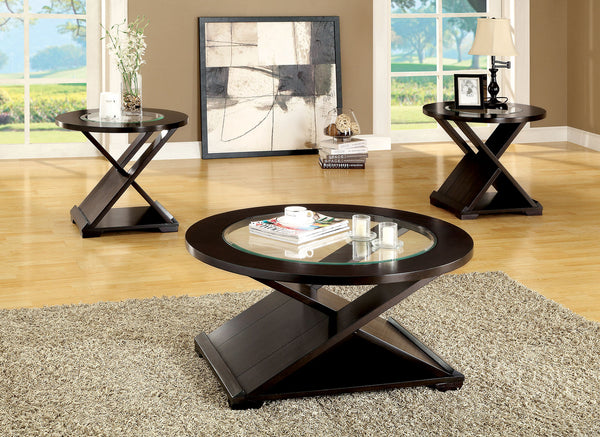 English Elm Contemporary Glass Top Occasional Tables Set of 3 with Striking Crossed Wood Base and Durable 5mm Glass Surface Espresso 31 L x 31 W x 3 H B011S01828