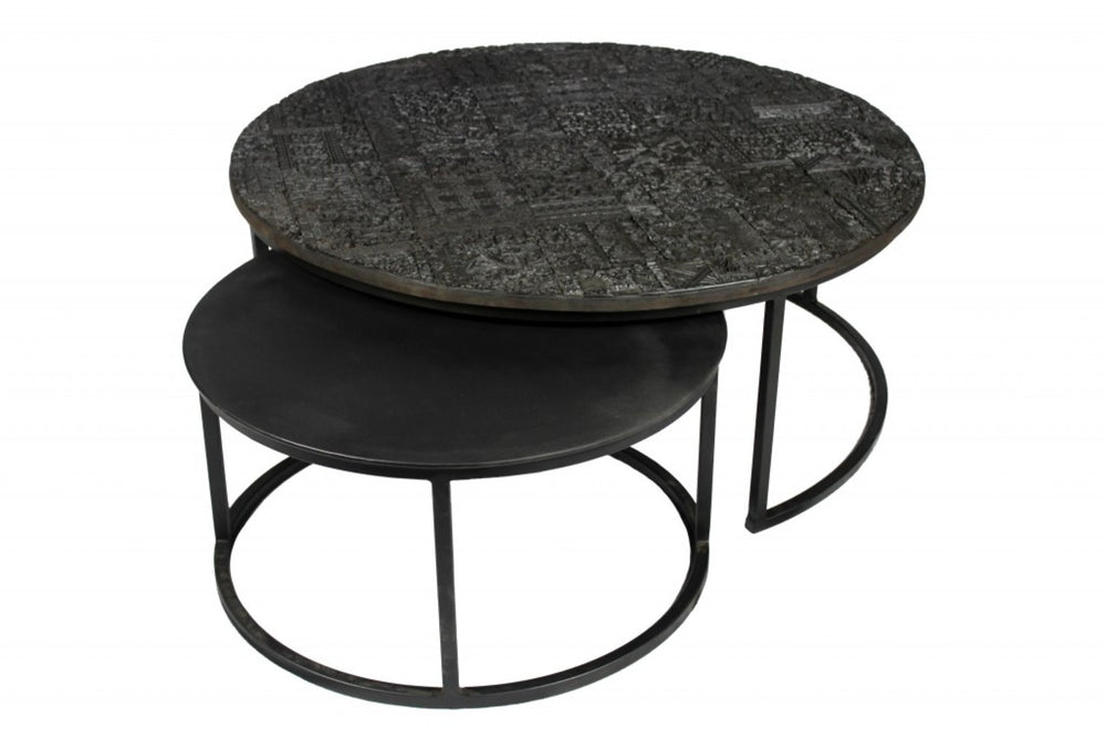 HomeRoots Set of Two Elegant Black Iron Nested Coffee Tables with Distressed Finishes for Modern Spaces 400866