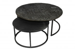 HomeRoots Set of Two Elegant Black Iron Nested Coffee Tables with Distressed Finishes for Modern Spaces 400866