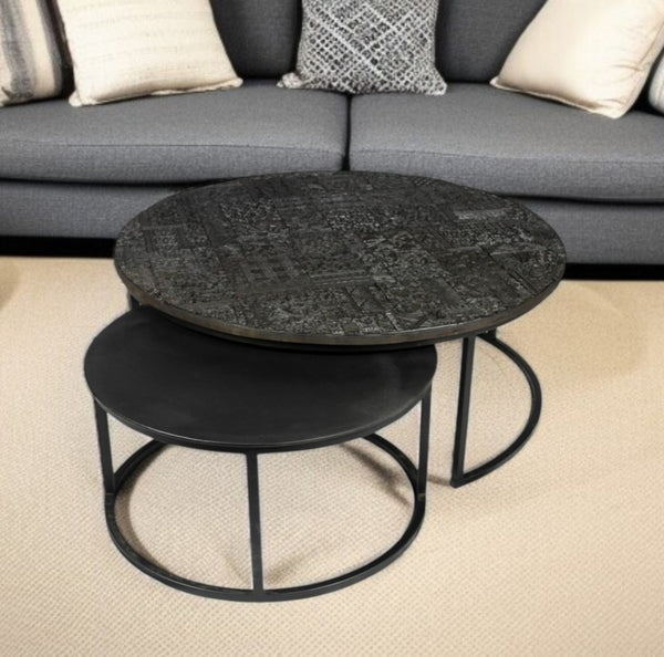 Homeroots Set Of Two Stylish Black Iron Nested Round Coffee Tables - Space-saving Accent For Any Room   400866