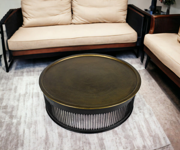 Homeroots Round Black Drum Shaped Brass Coffee Table   400868