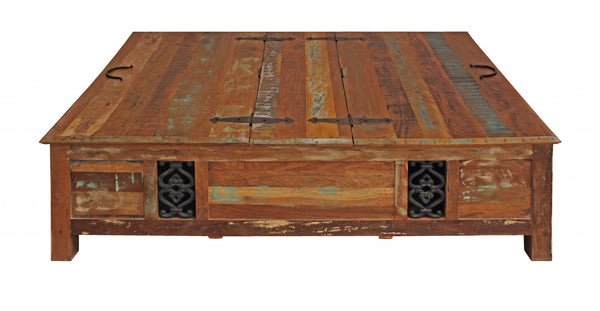 Homeroots 60" Green And Brown  Solid Wood Distressed Lift Top Coffee Table   400872