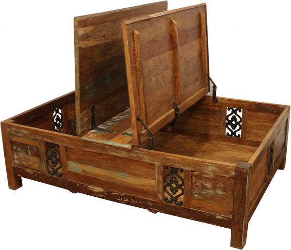 Homeroots 60" Green And Brown  Solid Wood Distressed Lift Top Coffee Table   400872