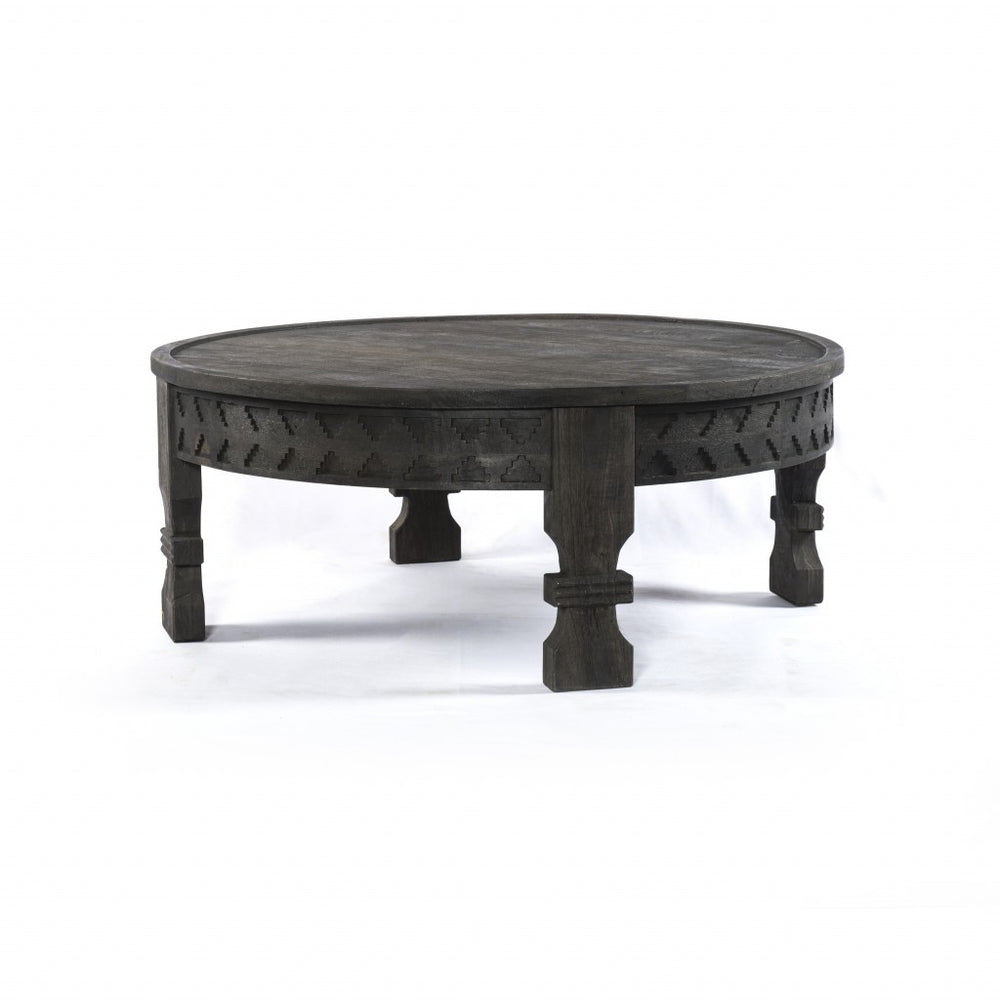 Homeroots Black Carved Round Wooden Coffee Table   400877