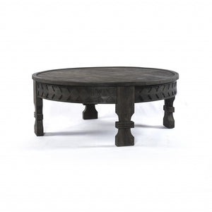 Homeroots Black Carved Round Wooden Coffee Table   400877