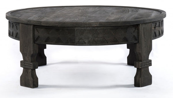 Homeroots Black Carved Round Wooden Coffee Table   400877