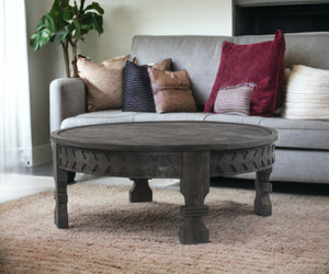 Homeroots Black Carved Round Wooden Coffee Table   400877