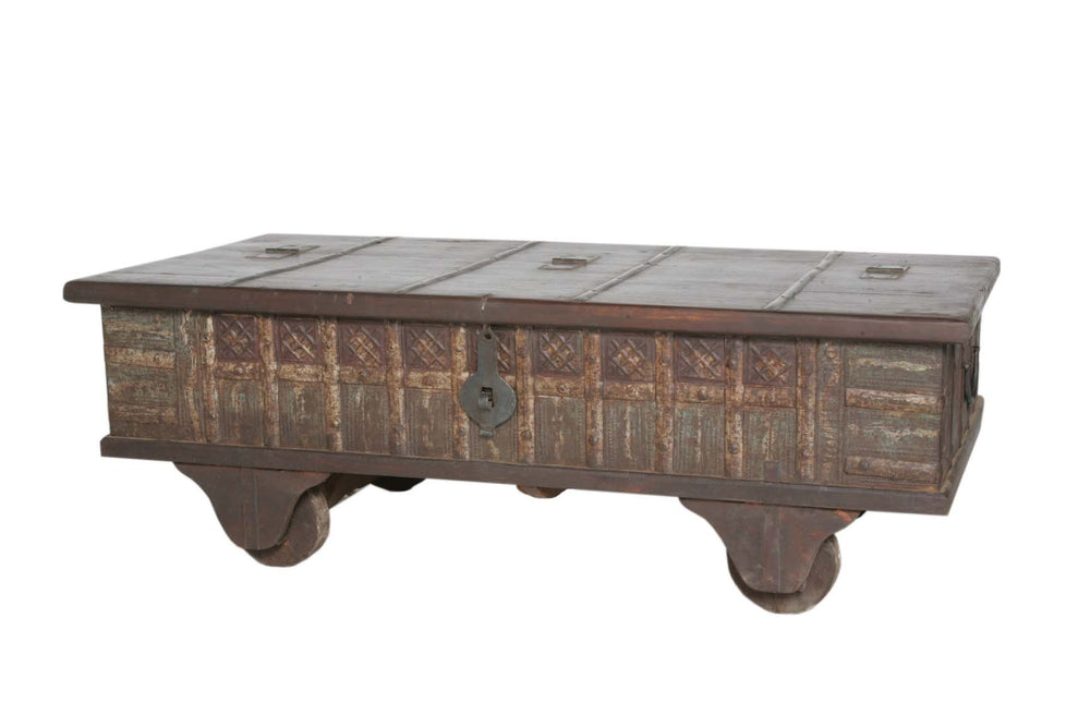 Homeroots Brown Wheel Antique Coffee Table   400881