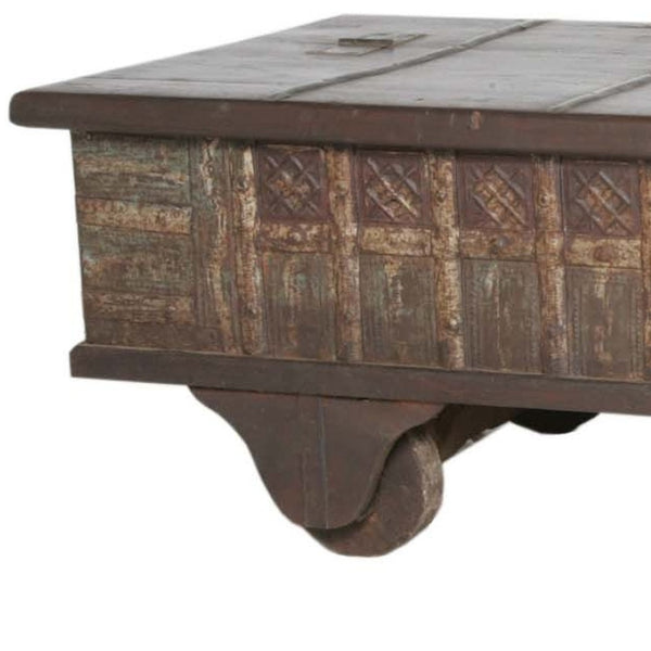 HomeRoots 50" Brown Solid Wood Lift Top Coffee Table with Hidden Storage and Rolling Casters for Versatile Use 400881