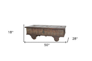 HomeRoots 50" Brown Solid Wood Lift Top Coffee Table with Hidden Storage and Rolling Casters for Versatile Use 400881