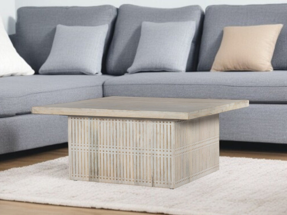 HomeRoots 40" Ivory Solid Wood Lift-Top Coffee Table with Hidden Storage & Hand-Carved Elegance for Living Rooms 400884