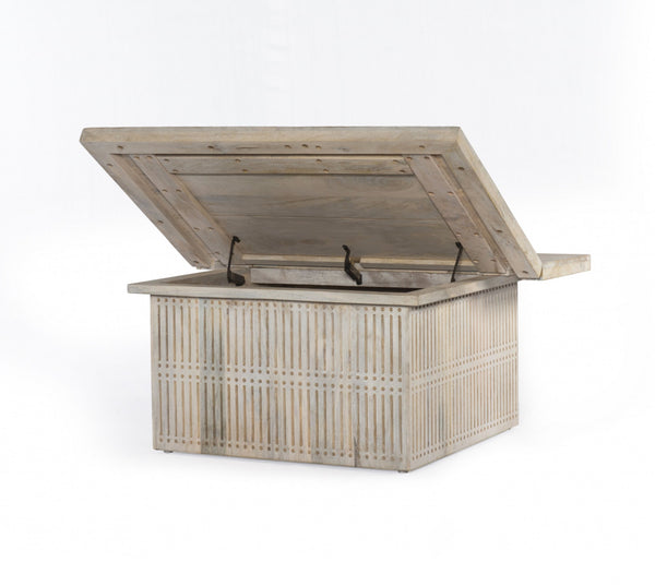 Homeroots Rustic Graywash Carved Wood Storage Coffee Table   400884