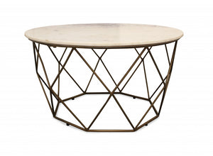 Homeroots 32" Ivory And Brass Genuine Marble And Metal Round Coffee Table   400885