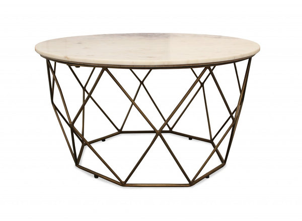 Homeroots 32" Ivory And Brass Genuine Marble And Metal Round Coffee Table   400885