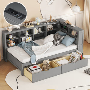 English Elm Wooden Twin Daybed with 2 Drawers, Built-In USB Charging & Double Shelf Storage, Pine Frame Durable Grey 42.91 L x 16.73 W x 6.69 H N733S170510E