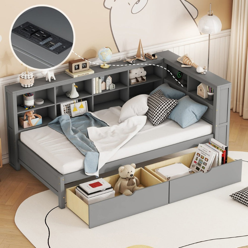 English Elm Wooden Twin Daybed with Storage Drawers Usb Charging Shelf and Pine Frame Grey N733S347768E
