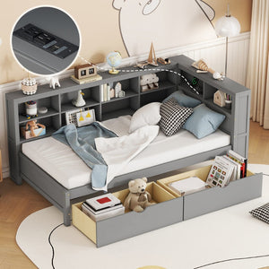English Elm Wooden Twin Daybed with Storage Drawers Usb Charging Shelf and Pine Frame Grey N733S347768E
