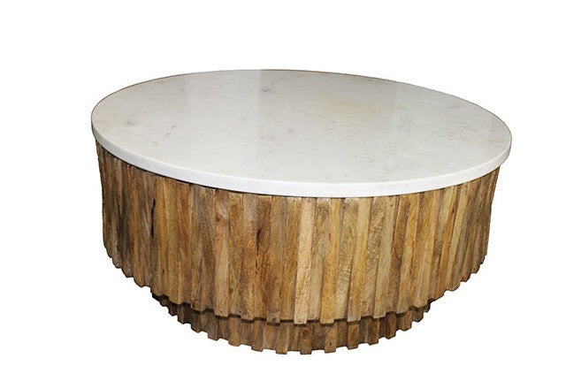 Homeroots Round Marble Top And Wooden Strips Coffee Table   400888