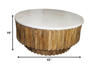 Homeroots Round Marble Top And Wooden Strips Coffee Table   400888