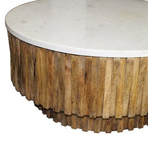 Homeroots Round Marble Top And Wooden Strips Coffee Table   400888