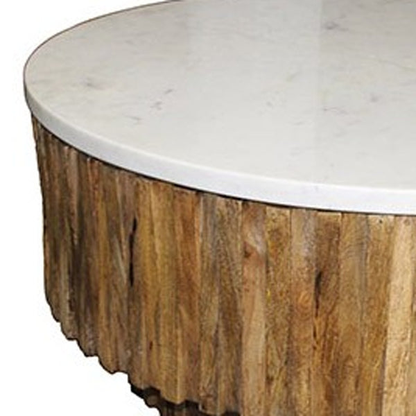 Homeroots Round Marble Top And Wooden Strips Coffee Table   400888