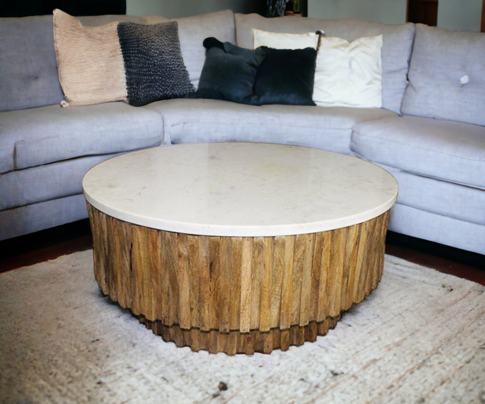 Homeroots Round Marble Top And Wooden Strips Coffee Table   400888