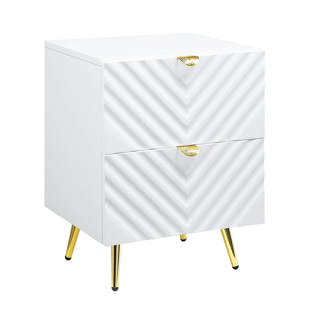 English Elm Gaines White High Gloss Nightstand with Wave Design, 2 Drawers, Metal Legs, Smooth Glide Storage B2726P256319