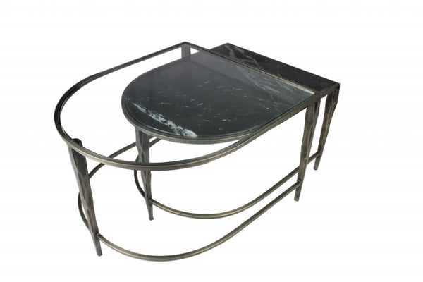 Homeroots Set Of 2 Black Marble Top And Glass Coffee Tables   400890