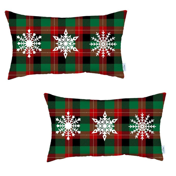 Homeroots Set Of 2 Christmas Snowflake Trio Plaid Lumbar Throw Pillows   400898