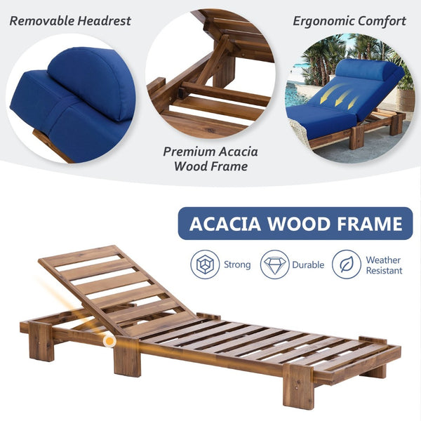 English Elm U_style Acacia Wood Outdoor Chaise Lounge with Retractable Tray and Padded Headrest Navy Blue WY000473AAC