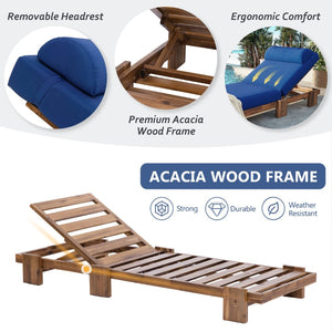 English Elm U_style Solid Acacia Wood Outdoor Lounge Set Adjustable Reclining Poolside Chairs with Headrest Navy Blue WY000483AAC