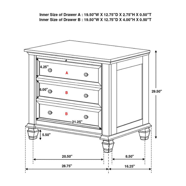 English Elm 3 Drawer Nightstand with Pull-Out Tray, Felt Lined Top, Solid Hardwood, Dovetail Drawers, Brushed Nickel Finish B016P254490