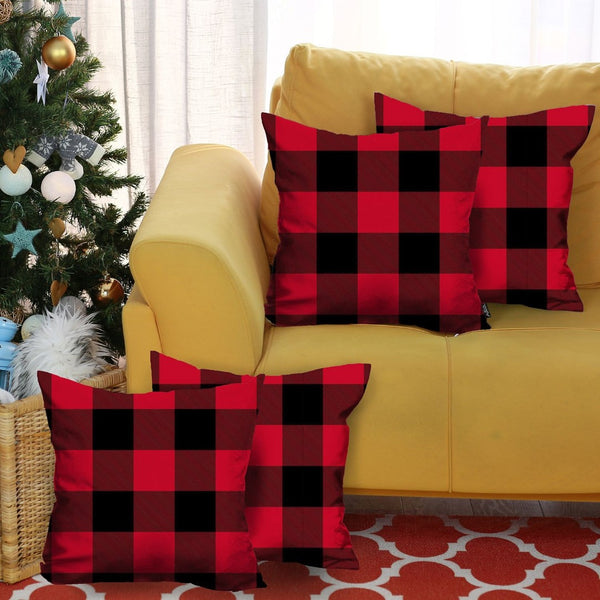 HomeRoots Set of Four Cozy Red and Black Plaid Throw Pillows - Durable Polyester, Perfect for Holiday Decor 400900