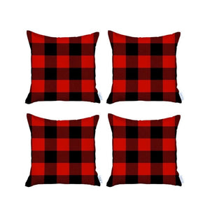 HomeRoots Set of Four Cozy Red and Black Plaid Throw Pillows - Durable Polyester, Perfect for Holiday Decor 400900