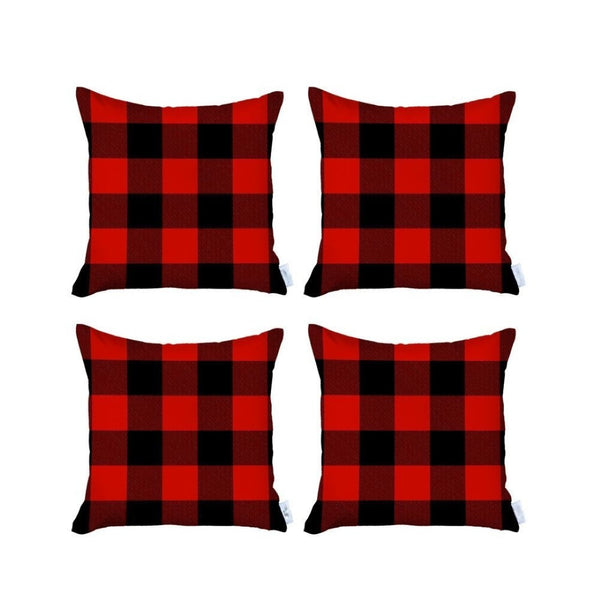 HomeRoots Set of Four Cozy Red and Black Plaid Throw Pillows - Durable Polyester, Perfect for Holiday Decor 400900