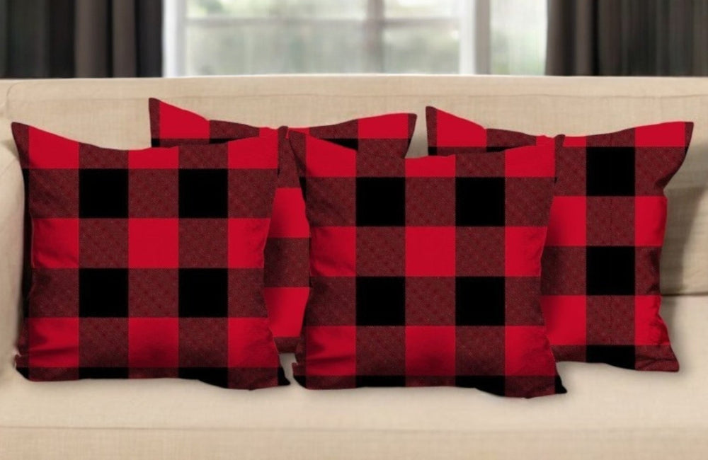 HomeRoots Set of Four Cozy Red and Black Plaid Throw Pillows - Durable Polyester, Perfect for Holiday Decor 400900