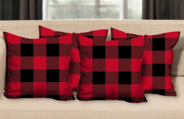 HomeRoots Set of Four Cozy Red and Black Plaid Throw Pillows - Durable Polyester, Perfect for Holiday Decor 400900