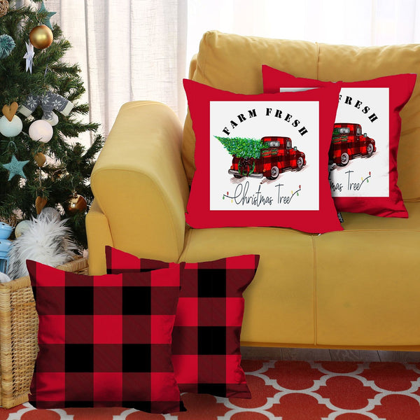 Homeroots Set Of Four Red Black And White Farm Fresh Christmas Tree Holiday Red Truck Plaid Fabric Throw Pillows   400901