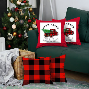Homeroots Set Of Four Red Black And White Farm Fresh Christmas Tree Holiday Red Truck Plaid Fabric Throw Pillows   400901