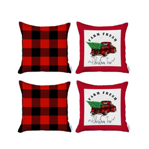 Homeroots Set Of Four Red Black And White Farm Fresh Christmas Tree Holiday Red Truck Plaid Fabric Throw Pillows   400901
