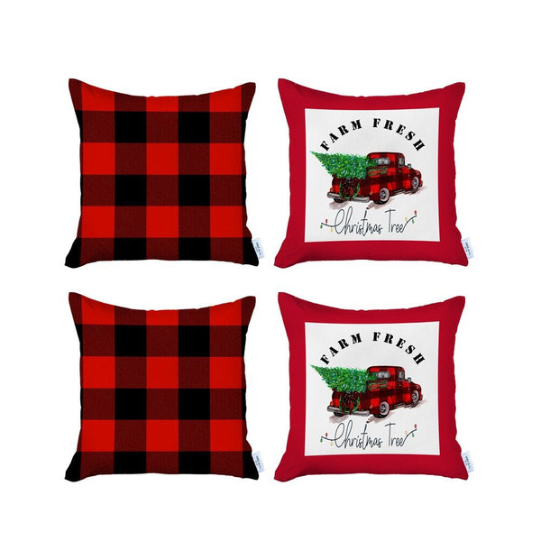 Homeroots Set Of Four Red Black And White Farm Fresh Christmas Tree Holiday Red Truck Plaid Fabric Throw Pillows   400901