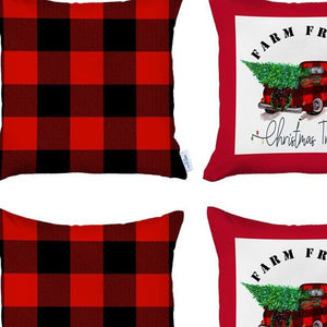 Homeroots Set Of Four Red Black And White Farm Fresh Christmas Tree Holiday Red Truck Plaid Fabric Throw Pillows   400901